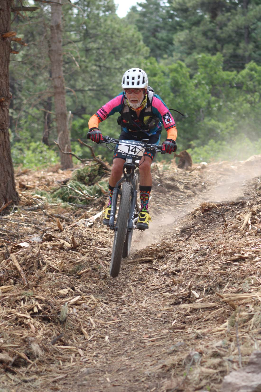 Rider descending a dusty switchback