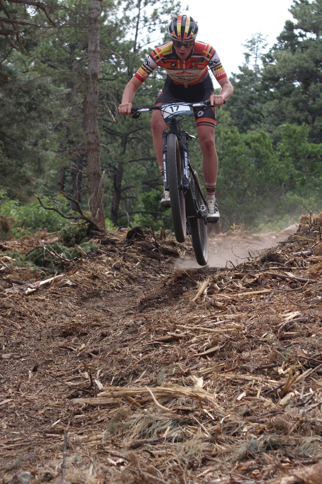 Rider on a steep climb through the trees